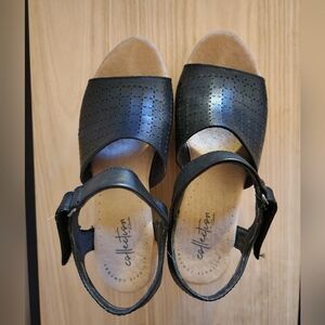Clarks Black Leather Wedge Sandals